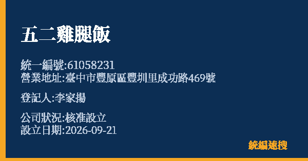 五二雞腿飯的照片-統編 61058231 公司登記資料與營業項目詳細圖表