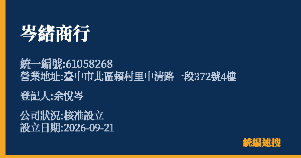 岑緒商行的照片-統編 61058268(臺中市) 公司登記資料與營業項目詳細圖表