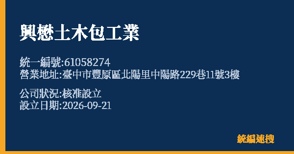 興懋土木包工業的照片-統編 61058274(臺中市) 公司登記資料與營業項目詳細圖表