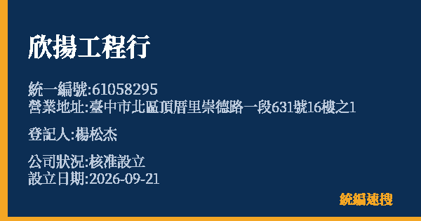 欣揚工程行的照片-統編 61058295(臺中市) 公司登記資料與營業項目詳細圖表