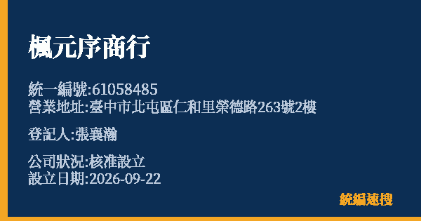 楓元序商行的照片-統編 61058485(臺中市) 公司登記資料與營業項目詳細圖表