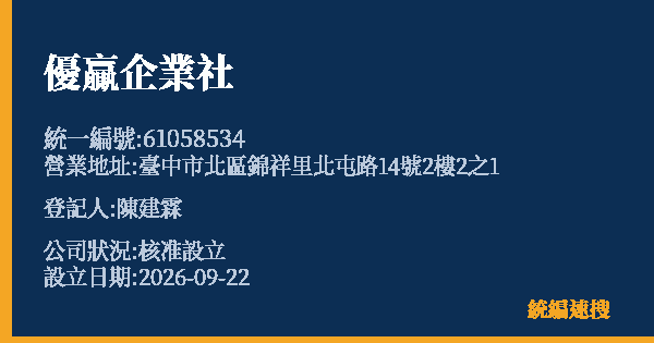 優贏企業社的照片-統編 61058534(臺中市) 公司登記資料與營業項目詳細圖表