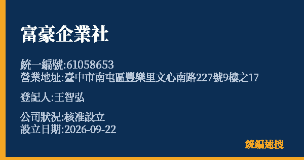 富豪企業社的照片-統編 61058653(臺中市) 公司登記資料與營業項目詳細圖表