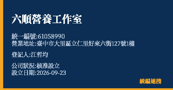六順營養工作室的照片-統編 61058990(臺中市) 公司登記資料與營業項目詳細圖表