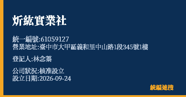 炘紘實業社的照片-統編 61059127(臺中市) 公司登記資料與營業項目詳細圖表
