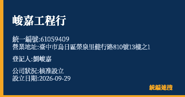 峻嘉工程行的照片-統編 61059409(臺中市) 公司登記資料與營業項目詳細圖表