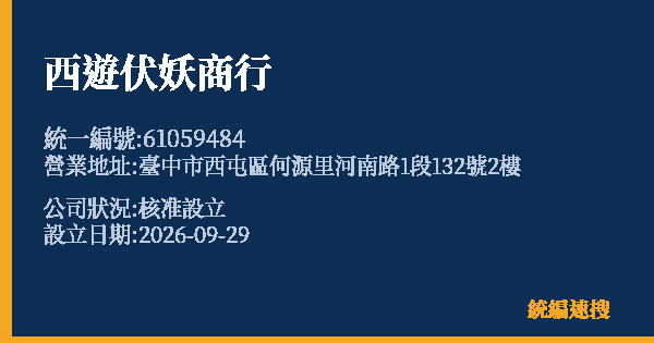 西遊伏妖商行的照片-統編 61059484(臺中市) 公司登記資料與營業項目詳細圖表