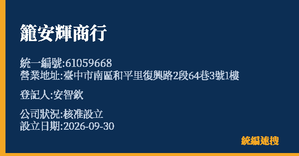 籠安輝商行的照片-統編 61059668(臺中市) 公司登記資料與營業項目詳細圖表