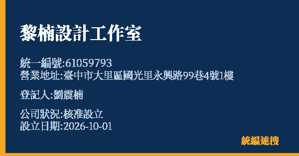 黎楠設計工作室的照片-統編 61059793(臺中市) 公司登記資料與營業項目詳細圖表