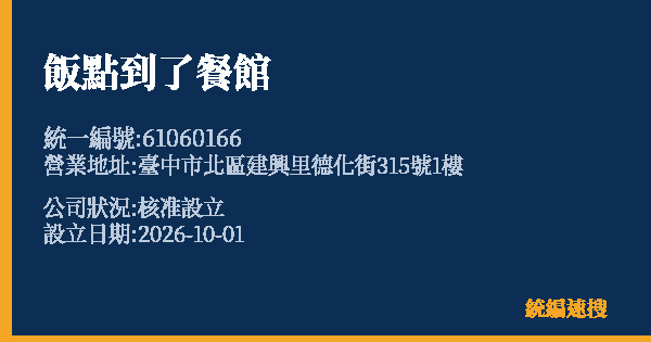 飯點到了餐館的照片-統編 61060166(臺中市) 公司登記資料與營業項目詳細圖表