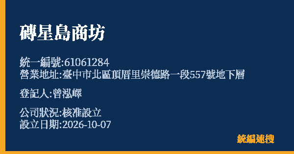 磚星島商坊的照片-統編 61061284(臺中市) 公司登記資料與營業項目詳細圖表