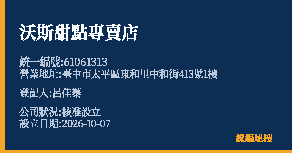 沃斯甜點專賣店的照片-統編 61061313(臺中市) 公司登記資料與營業項目詳細圖表