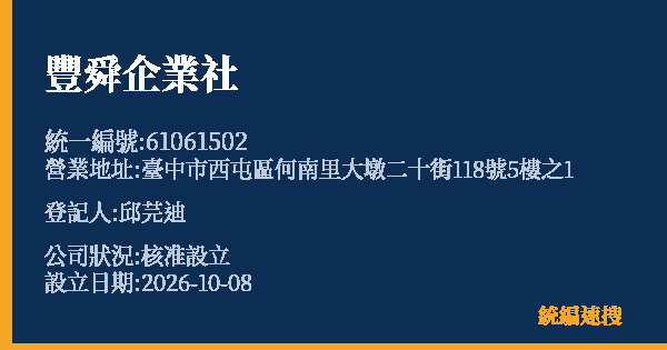 豐舜企業社的照片-統編 61061502(臺中市) 公司登記資料與營業項目詳細圖表