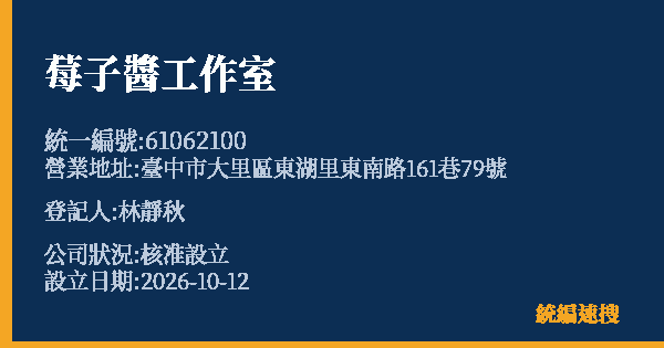 莓子醬工作室的照片-統編 61062100(臺中市) 公司登記資料與營業項目詳細圖表