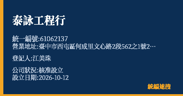 泰詠工程行的照片-統編 61062137(臺中市) 公司登記資料與營業項目詳細圖表