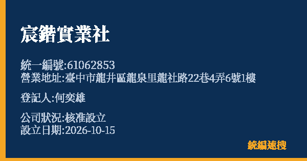 宸鍇實業社的照片-統編 61062853(臺中市) 公司登記資料與營業項目詳細圖表