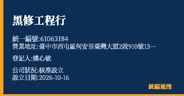 黑修工程行的照片-統編 61063184(臺中市) 公司登記資料與營業項目詳細圖表