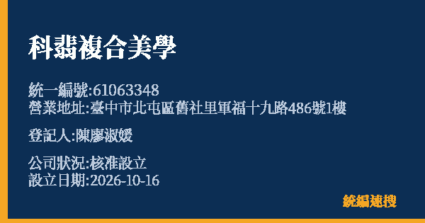科翡複合美學的照片-統編 61063348(臺中市) 公司登記資料與營業項目詳細圖表