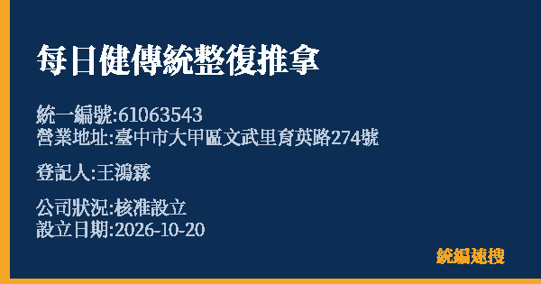 每日健傳統整復推拿的照片-統編 61063543(臺中市) 公司登記資料與營業項目詳細圖表