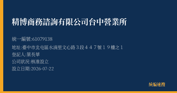 精博商務諮詢有限公司台中營業所的照片-統編 61079138(臺中市) 公司登記資料與營業項目詳細圖表