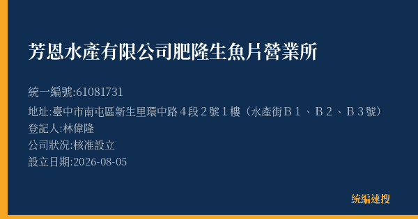 芳恩水產有限公司肥隆生魚片營業所的照片-統編 61081731(臺中市) 公司登記資料與營業項目詳細圖表