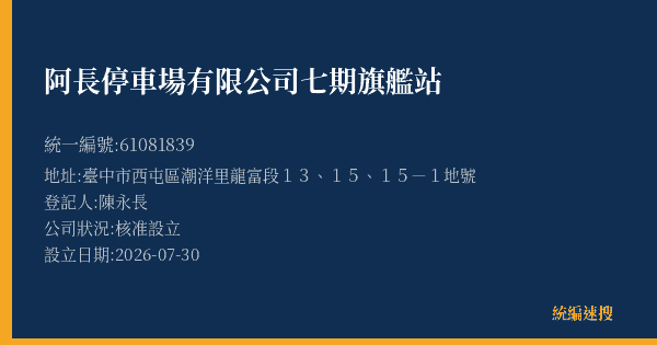 阿長停車場有限公司七期旗艦站的照片-統編 61081839(臺中市) 公司登記資料與營業項目詳細圖表