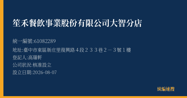 笙禾餐飲事業股份有限公司大智分店的照片-統編 61082289(臺中市) 公司登記資料與營業項目詳細圖表