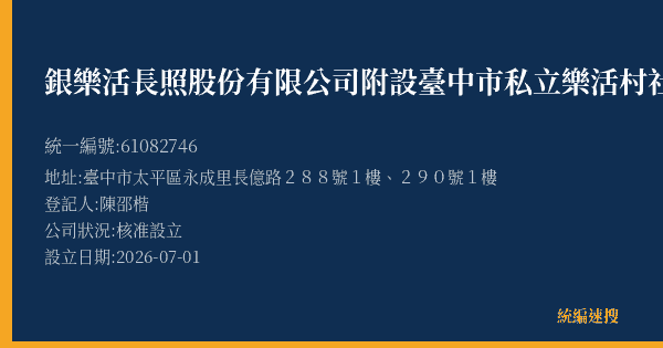 銀樂活長照股份有限公司附設臺中市私立樂活村社區長照機構的照片-統編 61082746 公司登記資料與營業項目詳細圖表