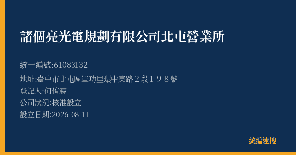 諸個亮光電規劃有限公司北屯營業所的照片-統編 61083132(臺中市) 公司登記資料與營業項目詳細圖表