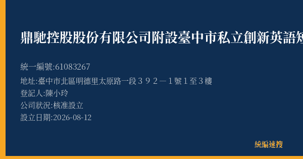 鼎馳控股股份有限公司附設臺中市私立創新英語短期補習班的照片-統編 61083267(臺中市) 公司登記資料與營業項目詳細圖表