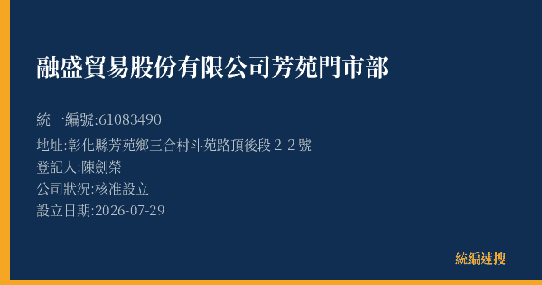 融盛貿易股份有限公司芳苑門市部的照片-統編 61083490(彰化縣) 公司登記資料與營業項目詳細圖表