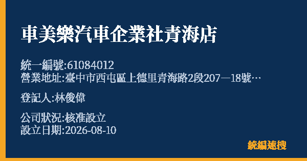 車美樂汽車企業社青海店的照片-統編 61084012(臺中市) 公司登記資料與營業項目詳細圖表