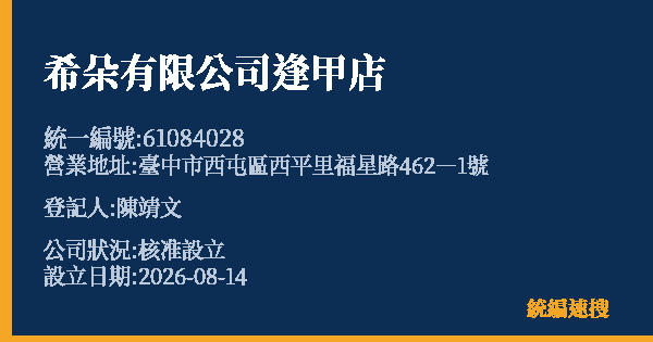 希朵有限公司逢甲店的照片-統編 61084028(臺中市) 公司登記資料與營業項目詳細圖表