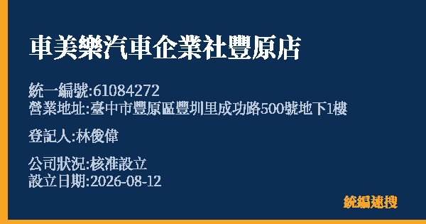 車美樂汽車企業社豐原店的照片-統編 61084272(臺中市) 公司登記資料與營業項目詳細圖表