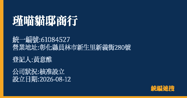 瑾喵貓邸商行的照片-統編 61084527(彰化縣) 公司登記資料與營業項目詳細圖表