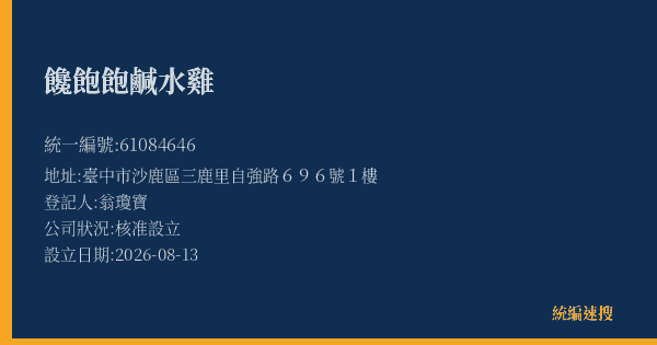 饞飽飽鹹水雞的照片-統編 61084646(臺中市) 公司登記資料與營業項目詳細圖表