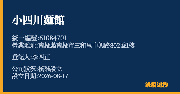 小四川麵館的照片-統編 61084701(南投縣) 公司登記資料與營業項目詳細圖表