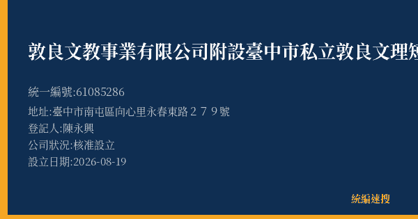 敦良文教事業有限公司附設臺中市私立敦良文理短期補習班的照片-統編 61085286(臺中市) 公司登記資料與營業項目詳細圖表
