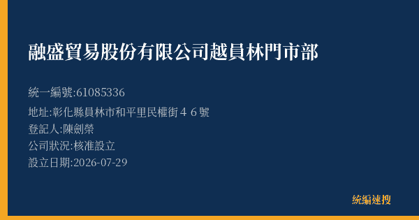 融盛貿易股份有限公司越員林門市部的照片-統編 61085336 公司登記資料與營業項目詳細圖表