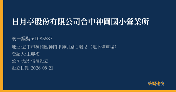日月亭股份有限公司台中神岡國小營業所的照片-統編 61085687(臺中市) 公司登記資料與營業項目詳細圖表