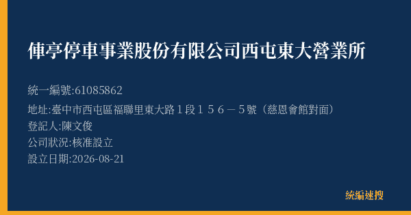俥亭停車事業股份有限公司西屯東大營業所的照片-統編 61085862(臺中市) 公司登記資料與營業項目詳細圖表