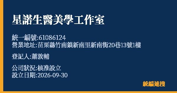 星諾生醫美學工作室的照片-統編 61086124(苗栗縣) 公司登記資料與營業項目詳細圖表