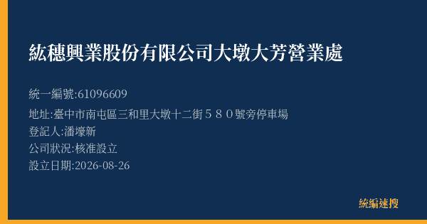 紘穗興業股份有限公司大墩大芳營業處的照片-統編 61096609(臺中市) 公司登記資料與營業項目詳細圖表