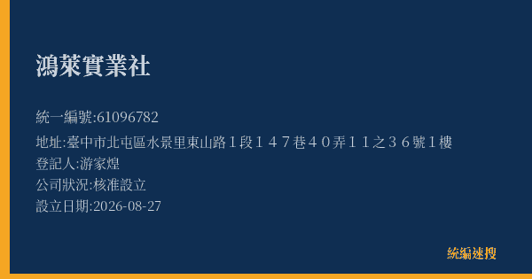 鴻萊實業社的照片-統編 61096782(臺中市) 公司登記資料與營業項目詳細圖表