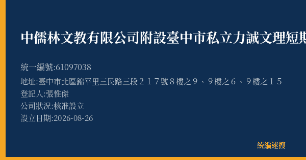 中儒林文教有限公司附設臺中市私立力誠文理短期補習班的照片-統編 61097038(臺中市) 公司登記資料與營業項目詳細圖表