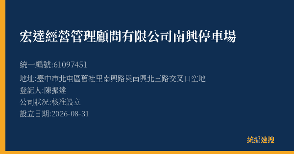 宏達經營管理顧問有限公司南興停車場的照片-統編 61097451(臺中市) 公司登記資料與營業項目詳細圖表