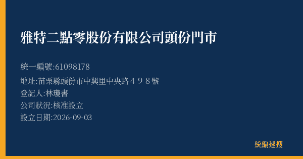 雅特二點零股份有限公司頭份門市的照片-統編 61098178(苗栗縣) 公司登記資料與營業項目詳細圖表