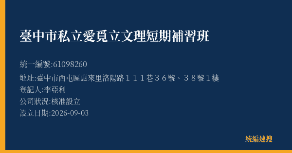 臺中市私立愛覓立文理短期補習班的照片-統編 61098260(臺中市) 公司登記資料與營業項目詳細圖表