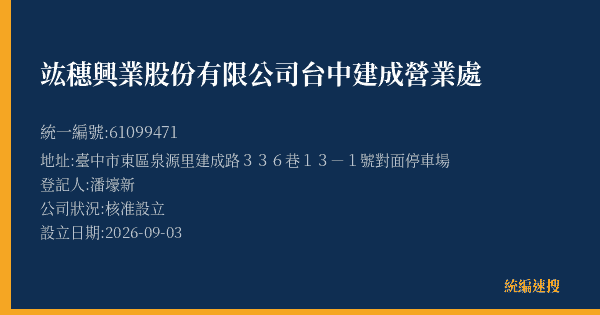 竑穗興業股份有限公司台中建成營業處的照片-統編 61099471(臺中市) 公司登記資料與營業項目詳細圖表