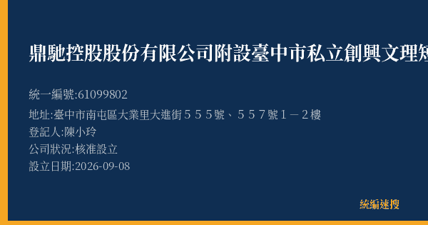鼎馳控股股份有限公司附設臺中市私立創興文理短期補習班的照片-統編 61099802(臺中市) 公司登記資料與營業項目詳細圖表